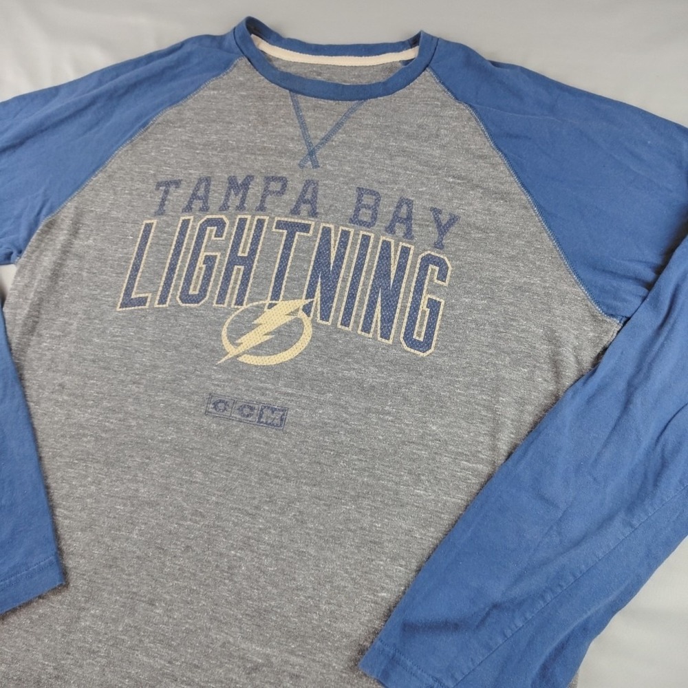 CCM Tampa Bay Lightning Long Sleeve Shirt Mens Large Blue Gray NHL Vintage Style